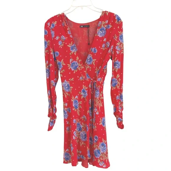 Zara Red Floral Polka Dot Wrap Mini Dress Long Sleeve XS V-Neck Boho Summer EUV - Picture 2 of 9